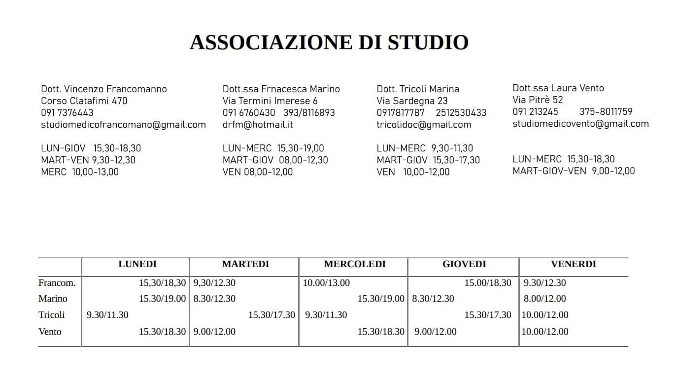 Orari medici in associazione con dottoressa Tricoli